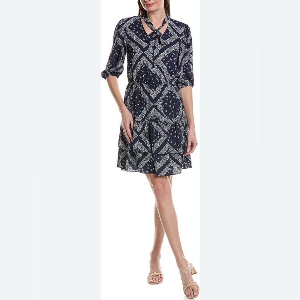 Nanette Nanette Lepore Blue & White Printed Crepe Mini Dress Tiered Sz 10